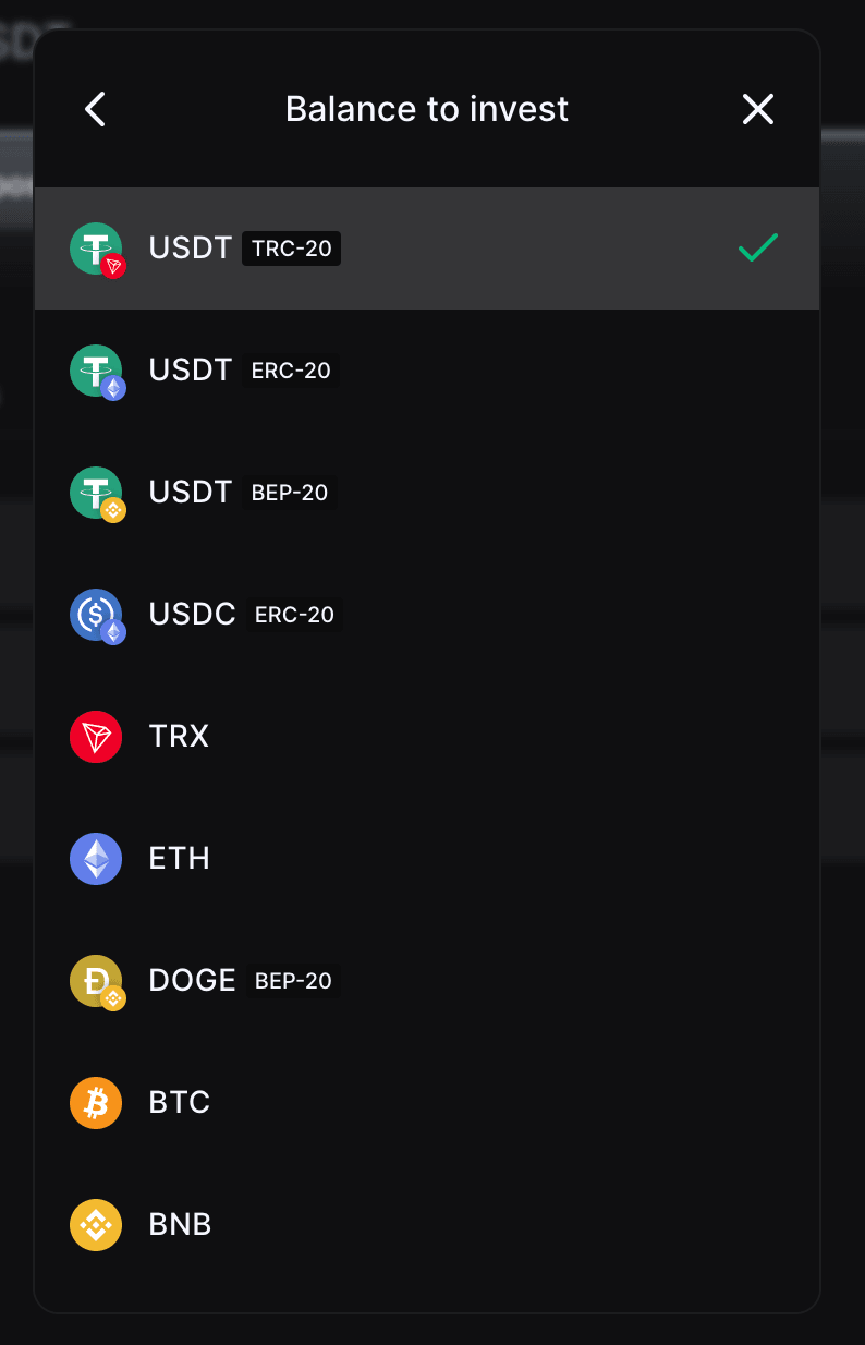 A list of cryptocurrencies including Bitcoin, Doge, and Ethereum.